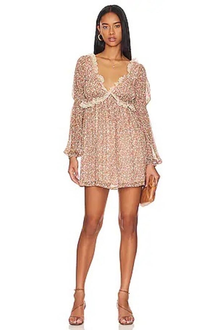 NWT Free People Ditsy Floral Lace Trim Mini Dress Sz XL Cottagecore Deep V